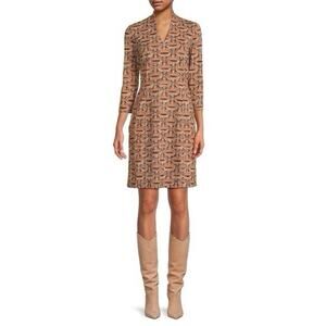 J. McLaughlin Ivana Dress Brown Rust Canelock Size Small V-Neck 3/4 Sleeve Retro